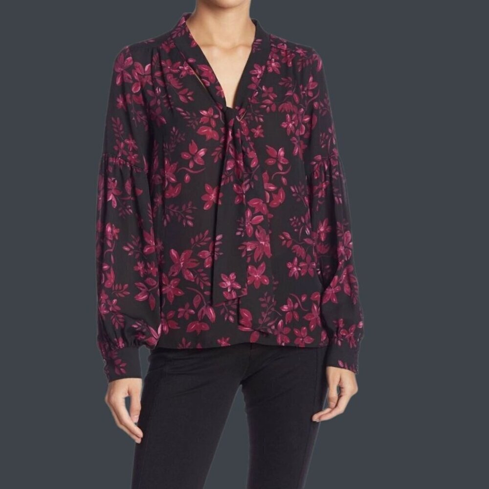 Parker Womens Floral Print  Long-Sleeve Blouse Tie Front Hot Pink/black Xsmall